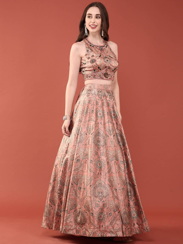 Peach Silk With Beads And Digital Print Ghagra Set