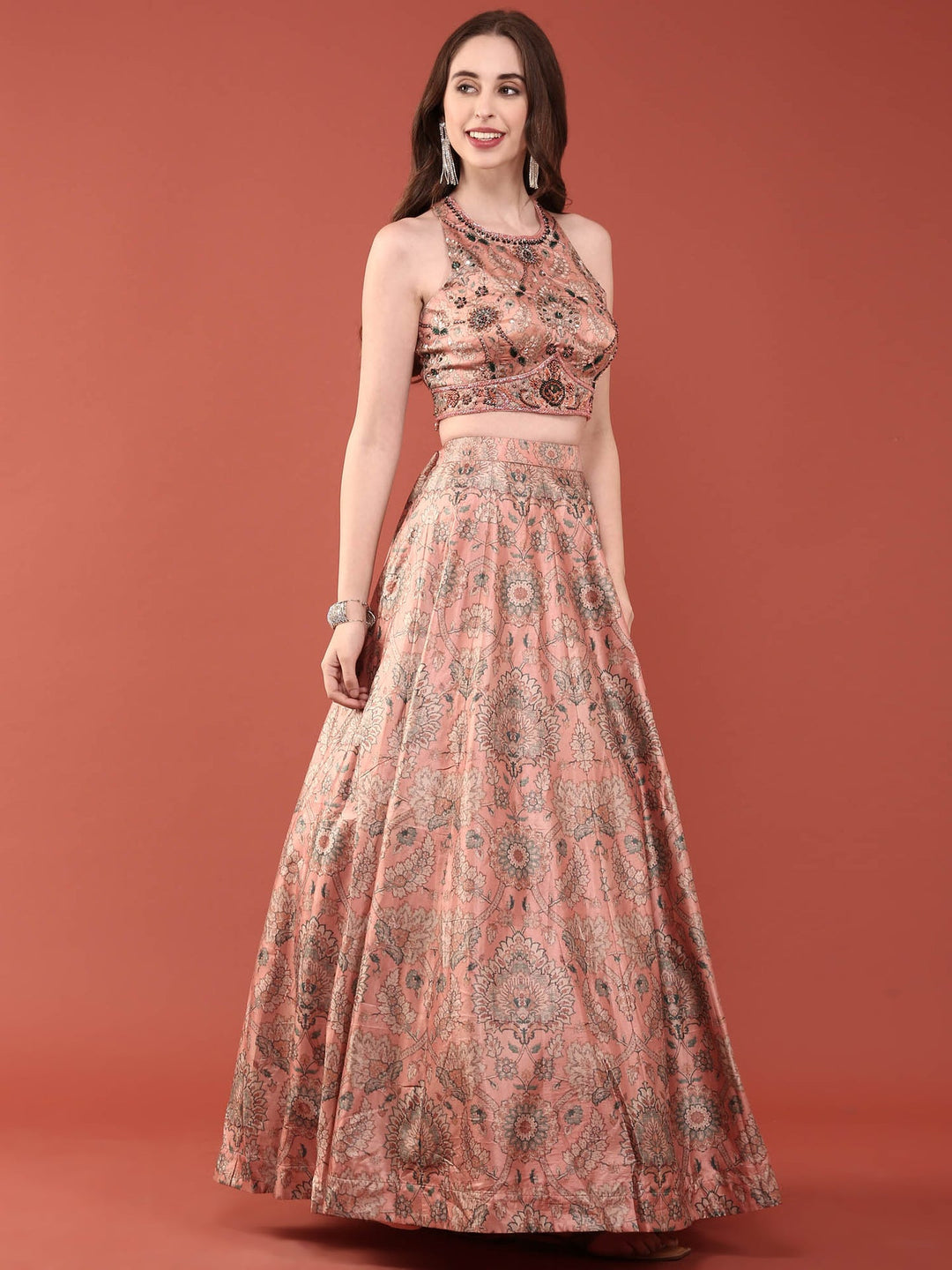 Neerus Pink silk embellished lehenga set - side view