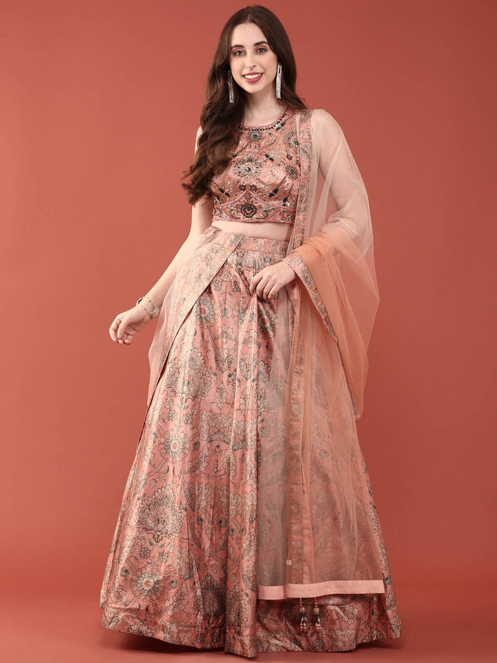 Peach Silk With Beads And Digital Print Ghagra Set