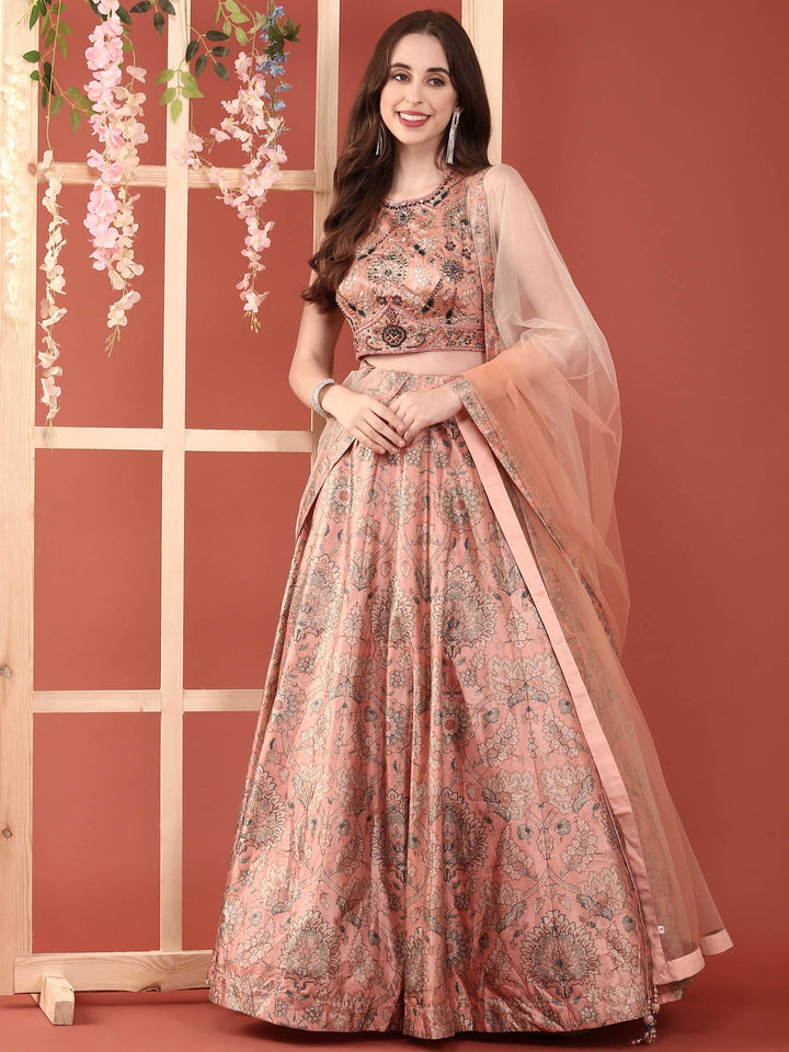 Peach Silk With Beads And Digital Print Ghagra Set
