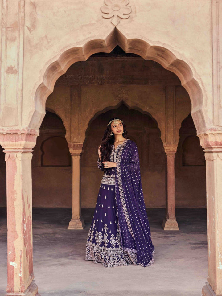 Neerus Purple silk embellished co-ord set with dupatta - front view