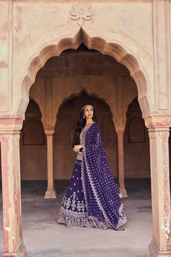 Neerus Purple silk embellished co-ord set with dupatta - side view