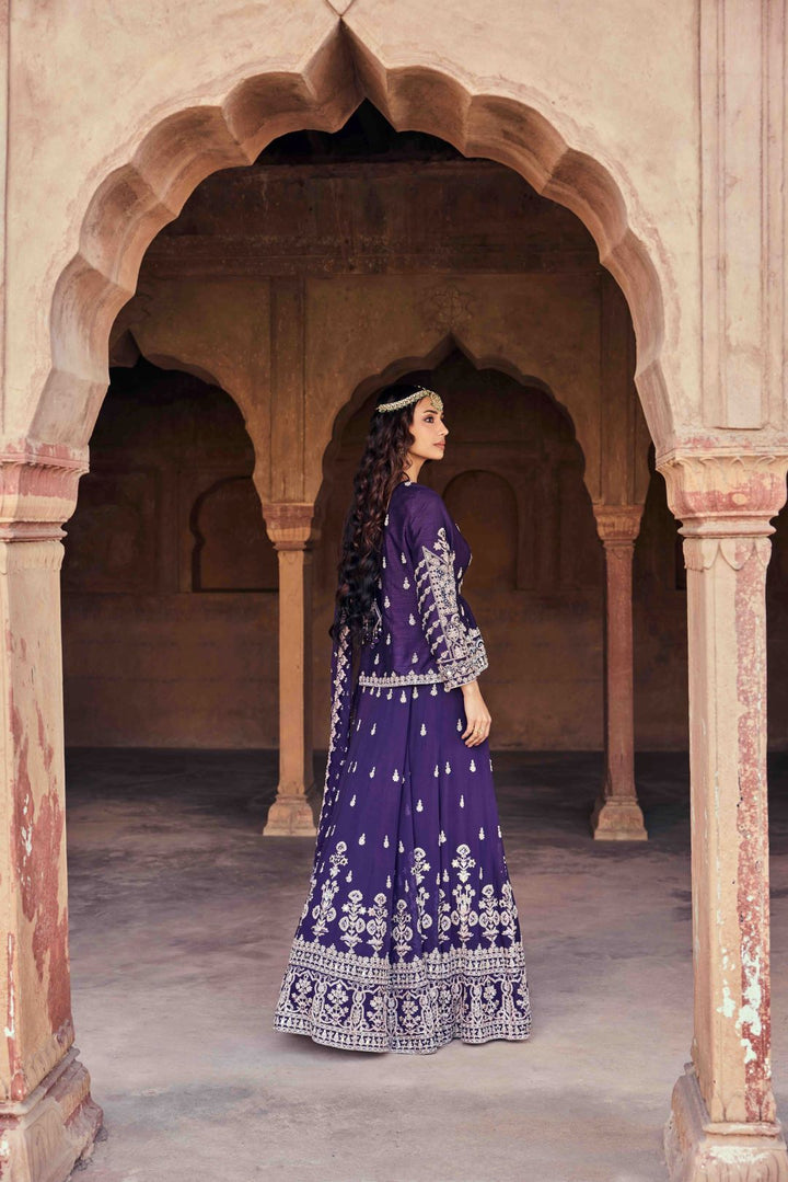 Neerus Purple silk embellished co-ord set with dupatta - detail view 2