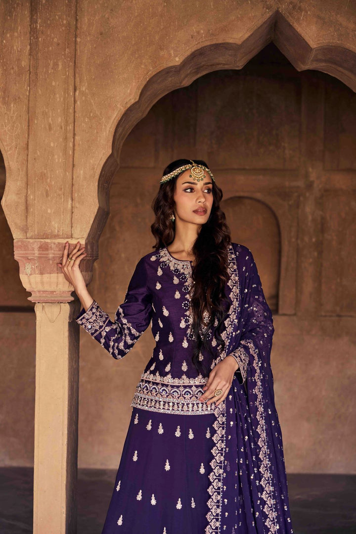 Neerus Purple silk embellished co-ord set with dupatta - back view