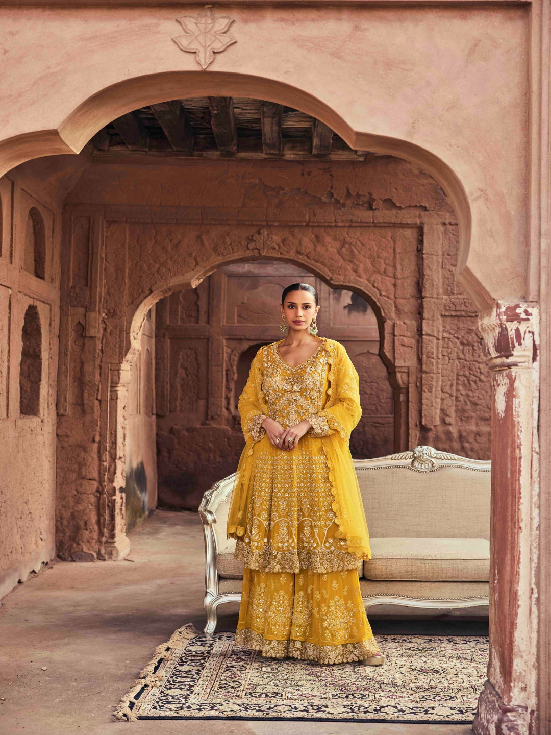 Neerus Yellow georgette embroidered suit set - front view