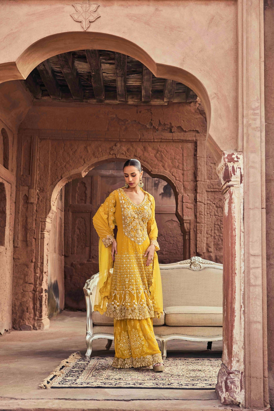 Neerus Yellow georgette embroidered suit set - detail view 1