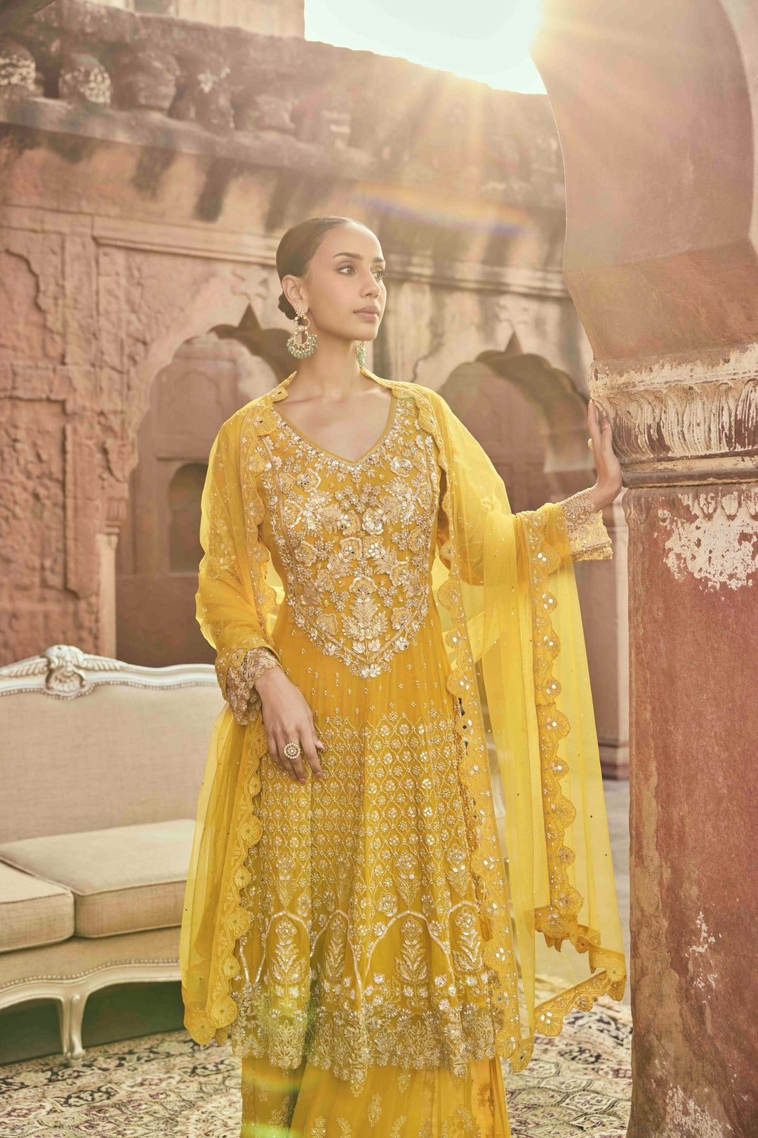 Neerus Yellow georgette embroidered suit set - back view