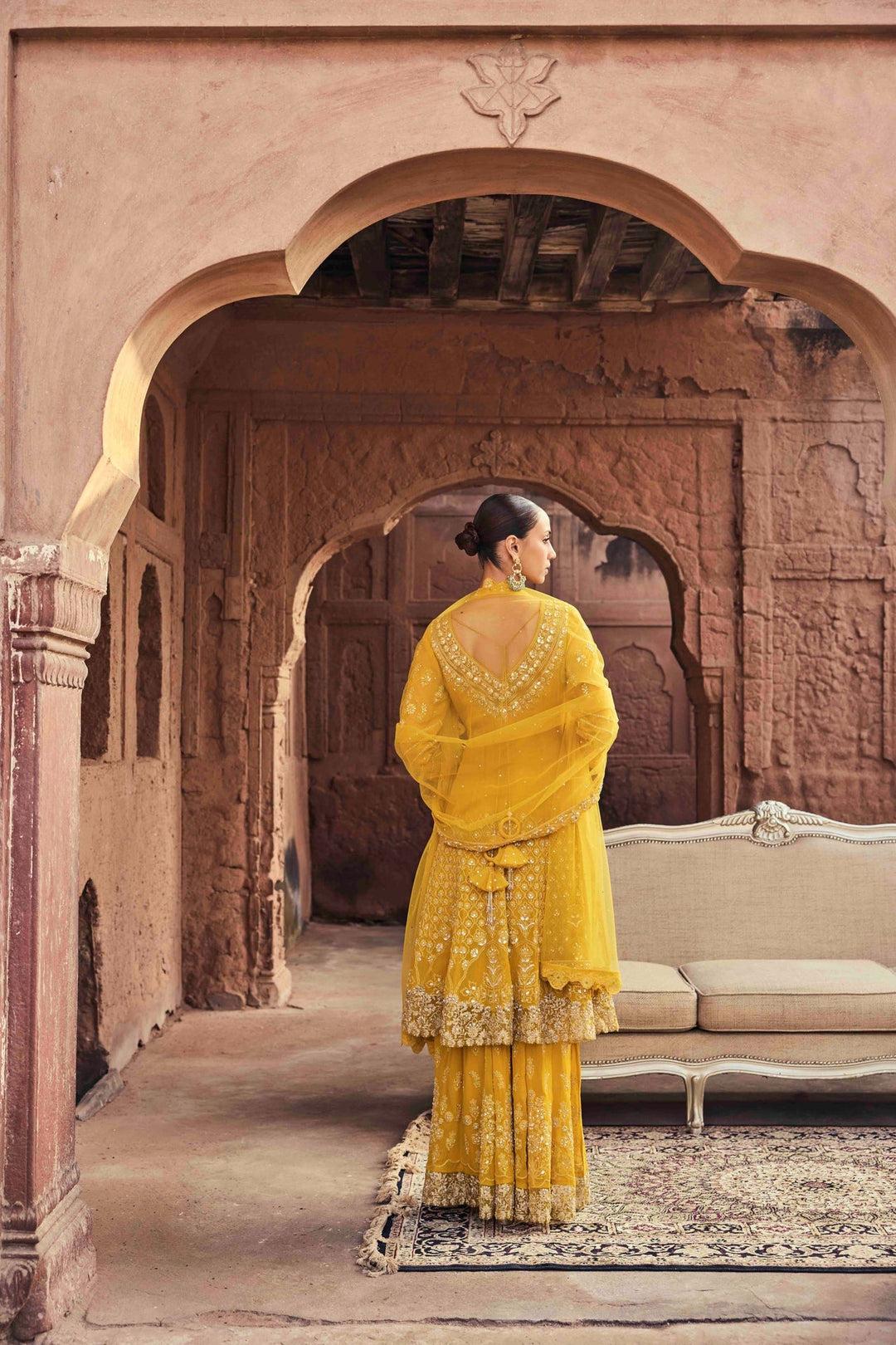 Neerus Yellow georgette embroidered suit set - side view
