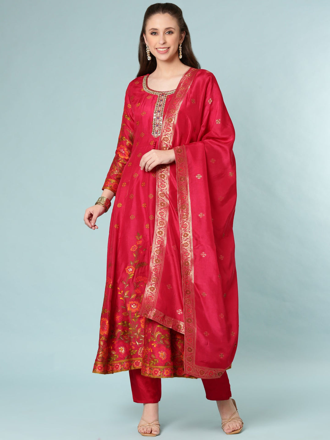 Neerus Pink silk anarkali suit set - front view