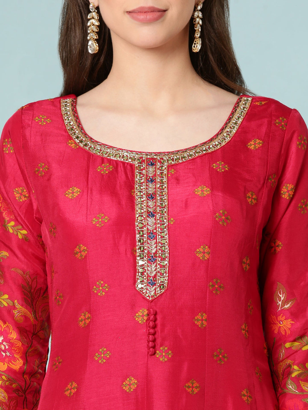 Neerus Pink silk anarkali suit set - detail view 1