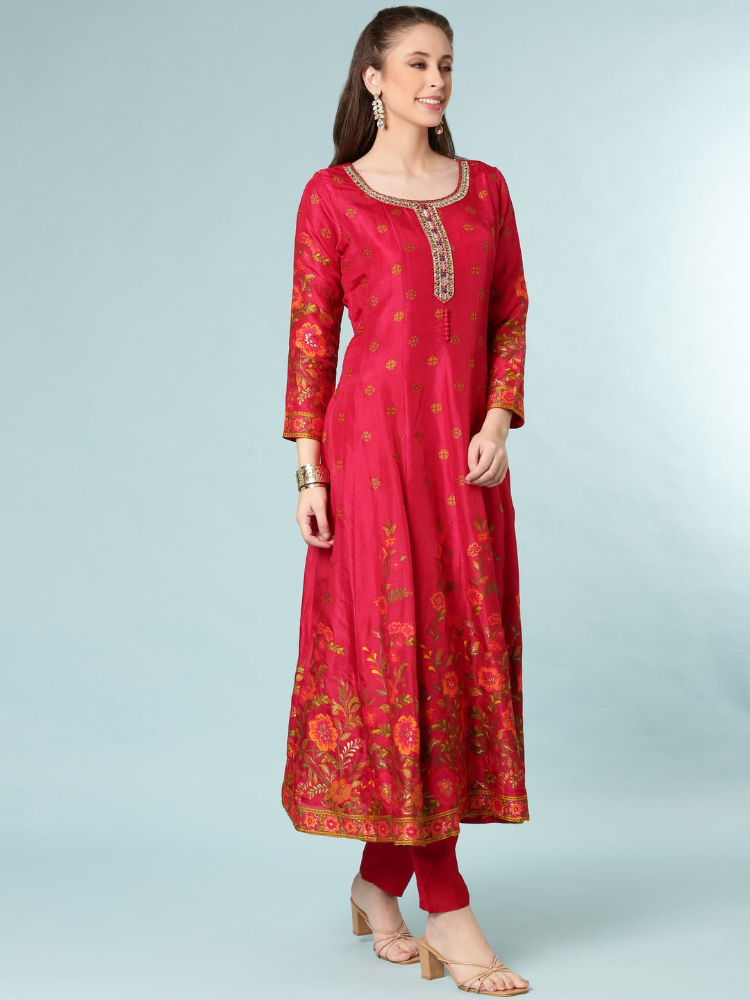 Neerus Pink silk anarkali suit set - back view