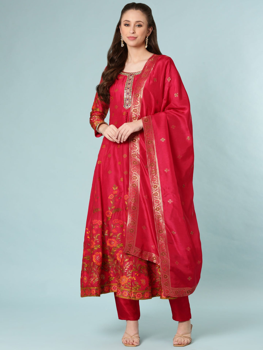 Neerus Pink silk anarkali suit set - side view