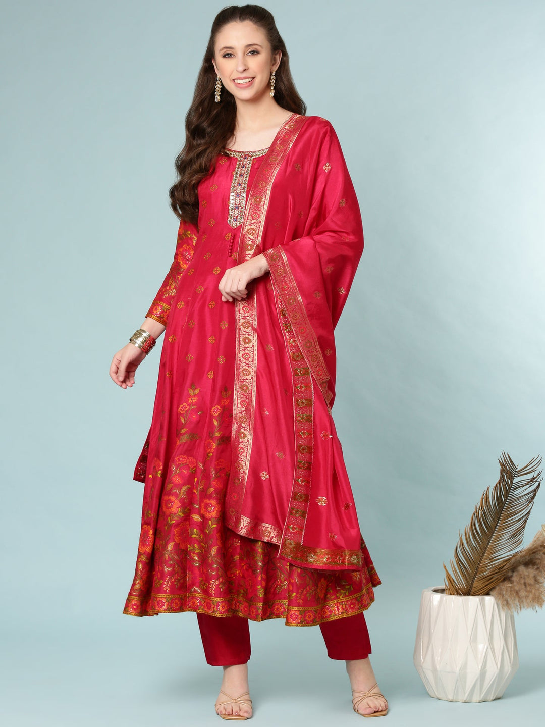Neerus Pink silk anarkali suit set - detail view 2