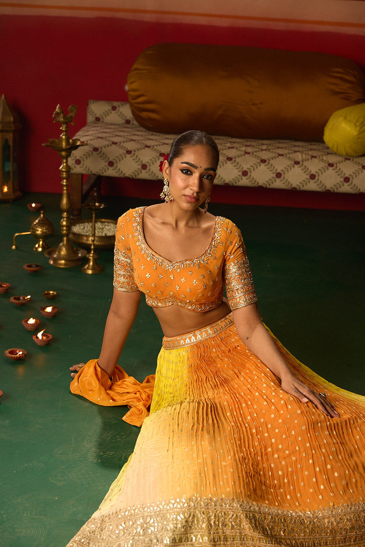 Neerus Orange georgette embroidered lehenga set - detail view 1