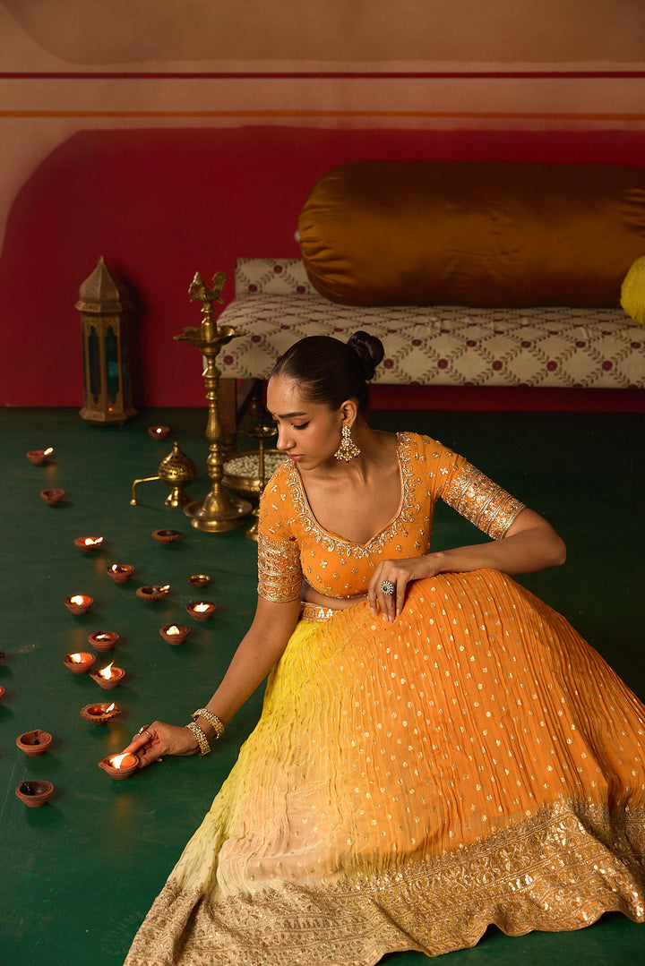 Neerus Orange georgette embroidered lehenga set - back view