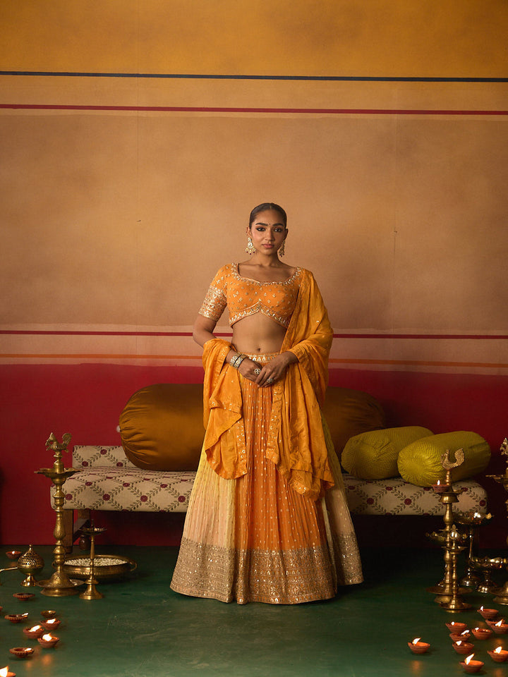 Neerus Orange georgette embroidered lehenga set - front view