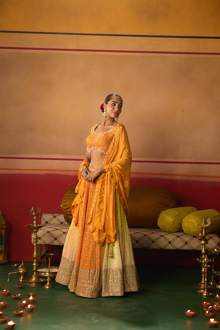 Neerus Orange georgette embroidered lehenga set - side view