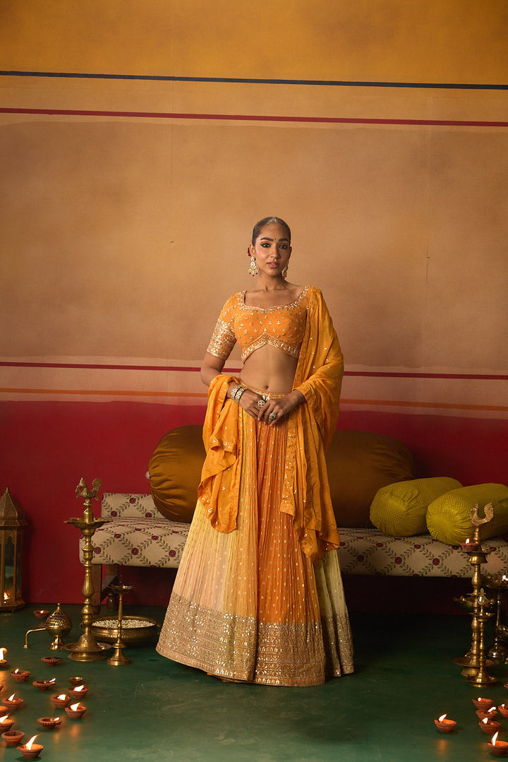 Neerus Orange georgette embroidered lehenga set - detail view 4