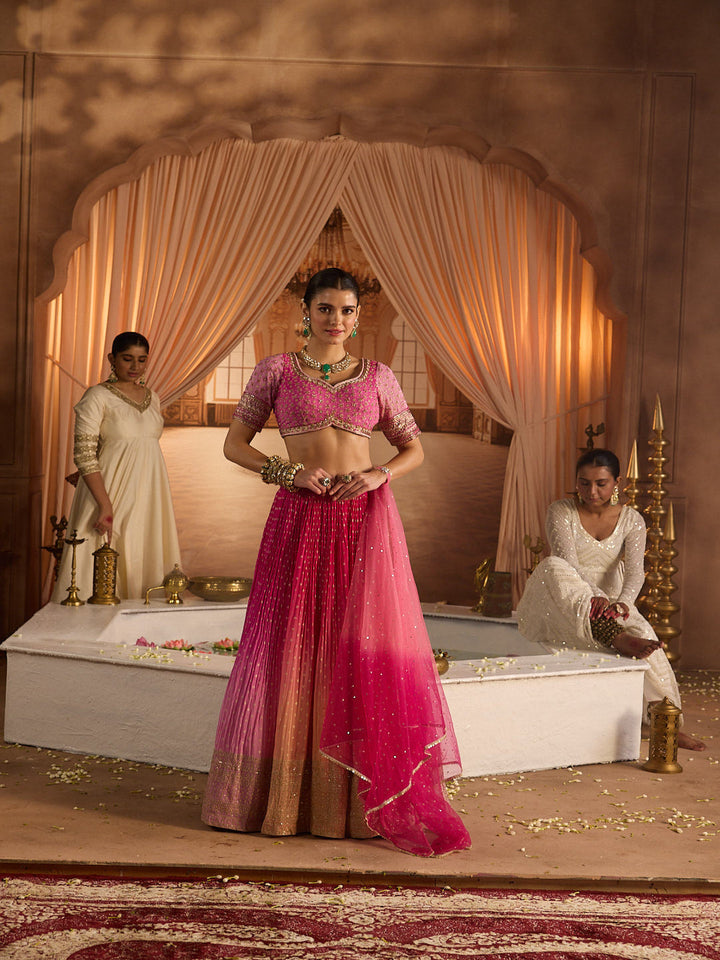 Neerus Pink georgette embroidered lehenga set - front view