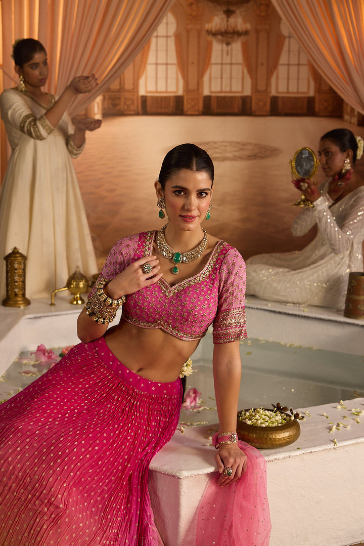 Neerus Pink georgette embroidered lehenga set - side view