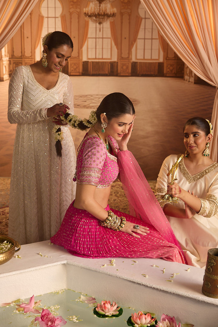 Neerus Pink georgette embroidered lehenga set - back view