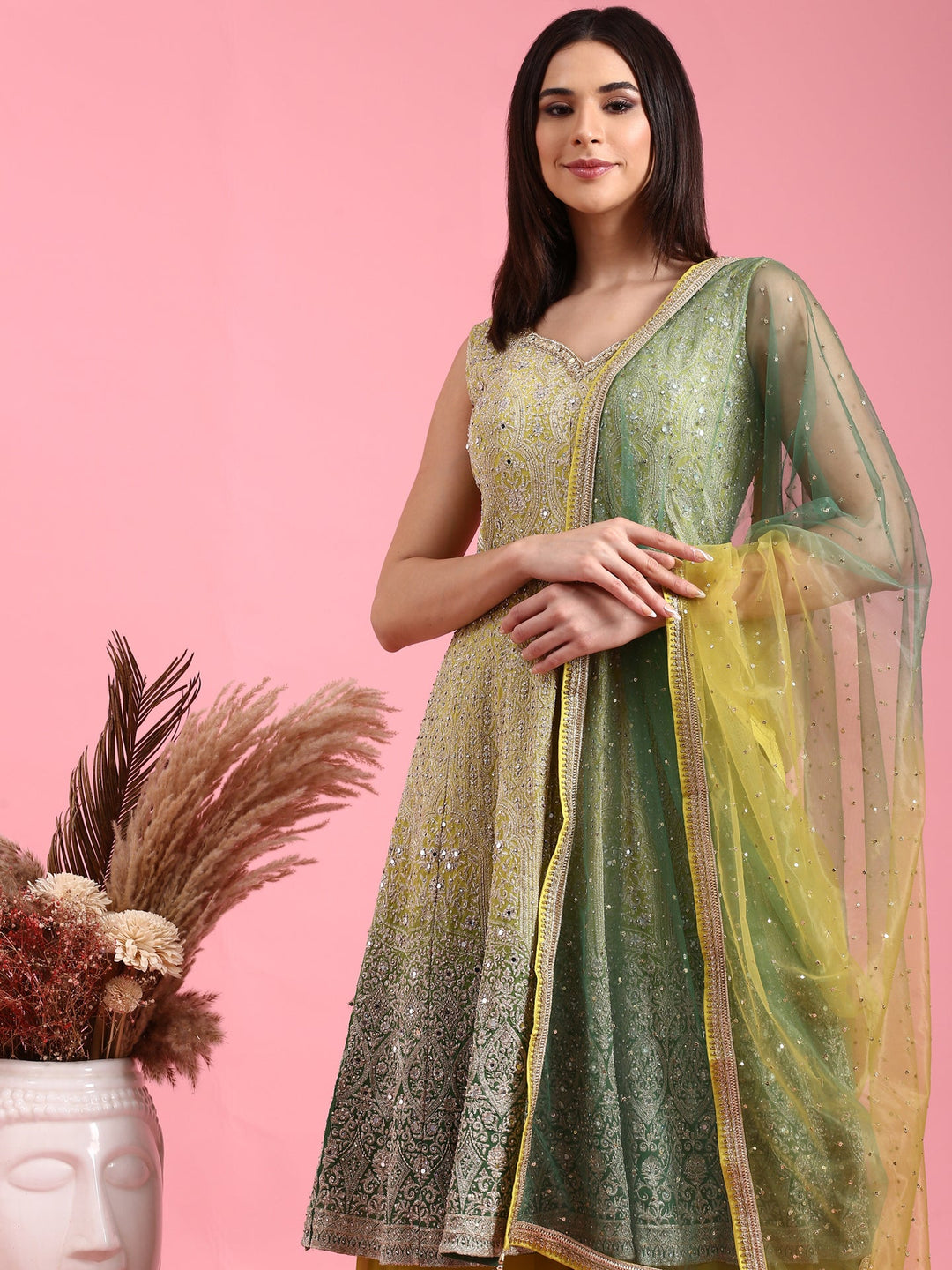 Neerus Green georgette embroidered suit set - back view
