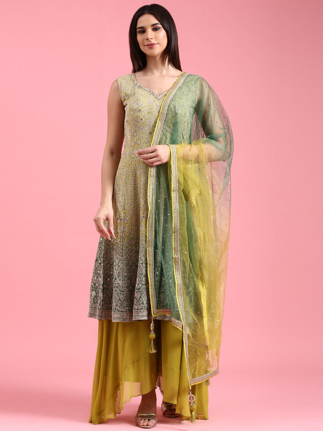 Neerus Green georgette embroidered suit set - detail view 3