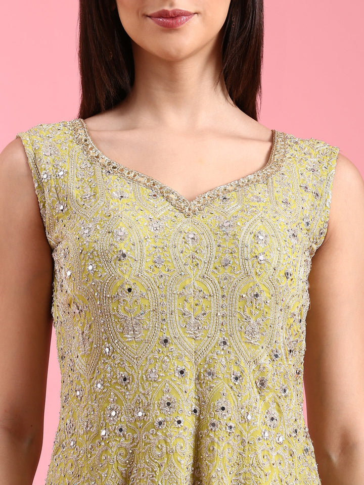 Variyali Green Heavily Embroidered Short Kali Palazzo Suit