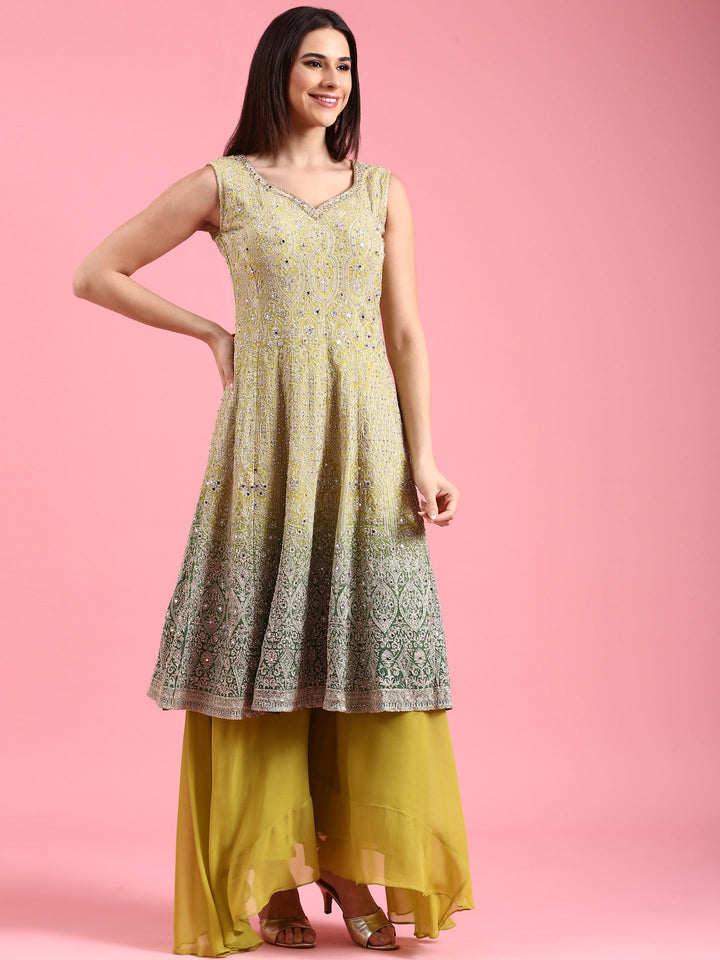 Neerus Green georgette embroidered suit set - side view