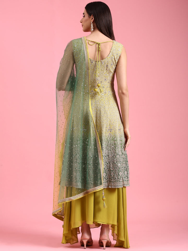 Variyali Green Heavily Embroidered Short Kali Palazzo Suit
