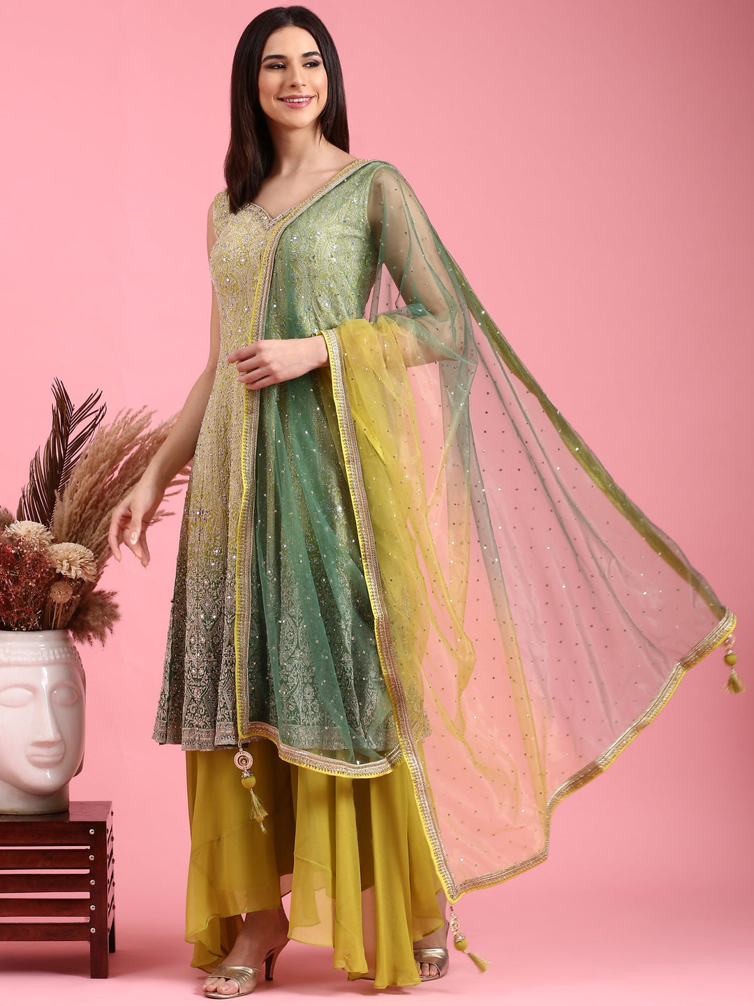Neerus Green georgette embroidered suit set - front view