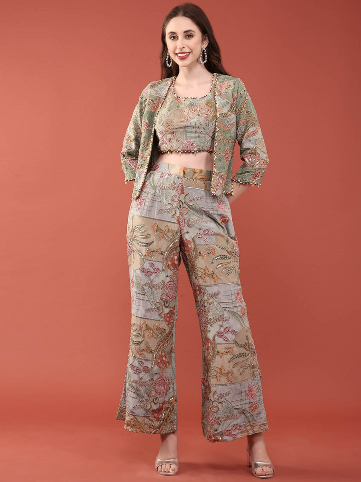 Neerus Green crepe hand embroidered suit set with jacket - front view