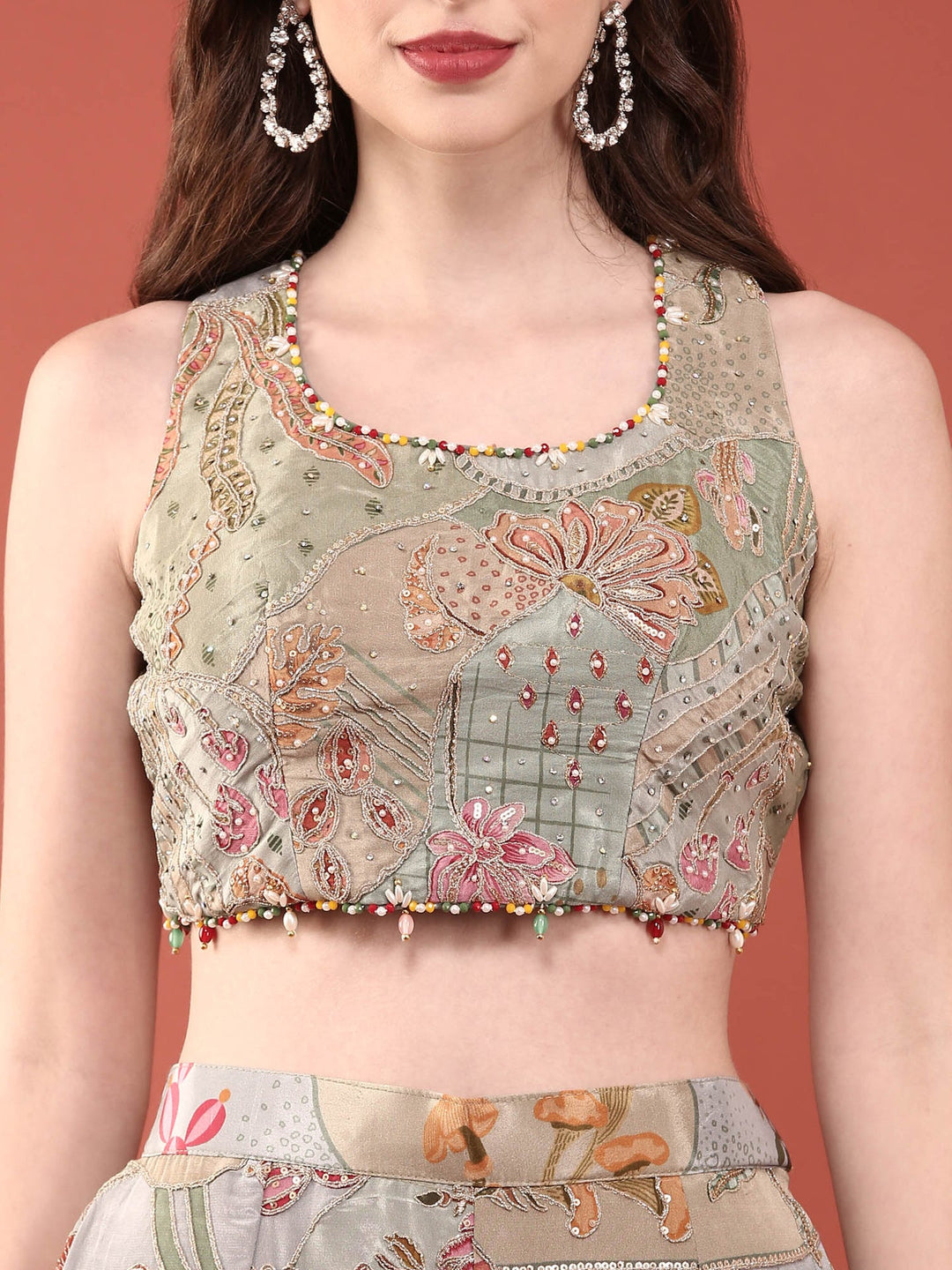 Neerus Green crepe hand embroidered suit set with jacket - detail view 1
