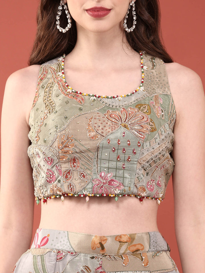 Neerus Green crepe hand embroidered suit set with jacket - detail view 1