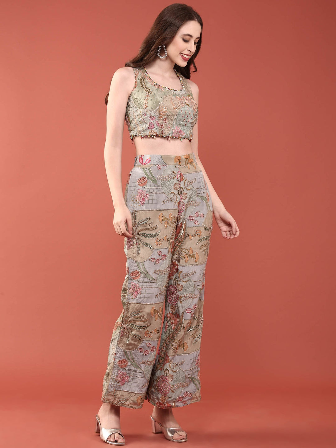Neerus Green crepe hand embroidered suit set with jacket - back view