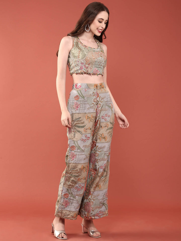 Neerus Green crepe hand embroidered suit set with jacket - back view