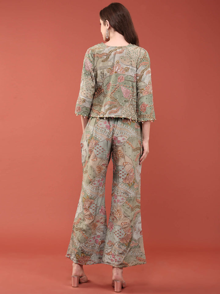 Neerus Green crepe hand embroidered suit set with jacket - side view