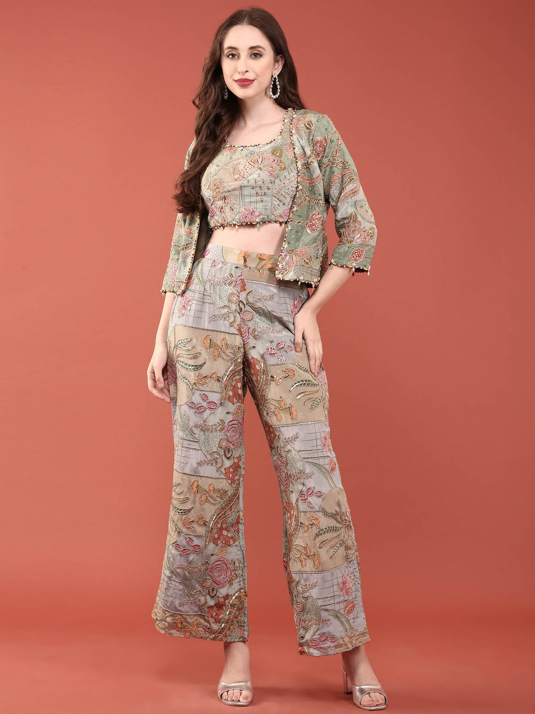 Neerus Green crepe hand embroidered suit set with jacket - detail view 2