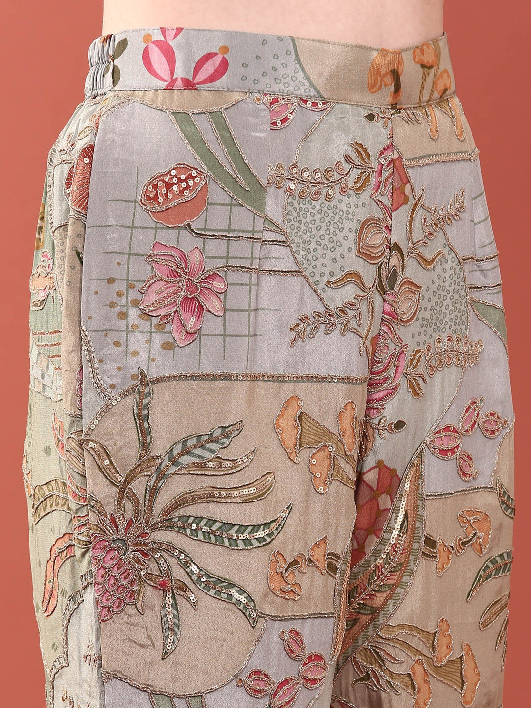 Neerus Green crepe hand embroidered suit set with jacket - detail view 3