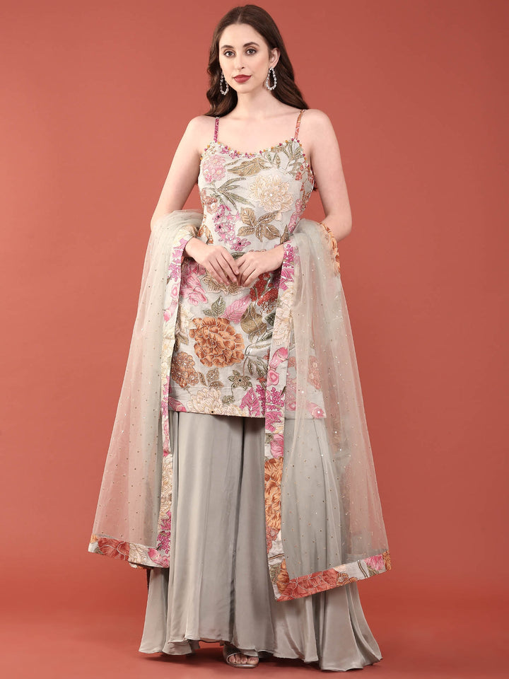 Neerus Grey crepe hand embroidered palazzo suit set - front view