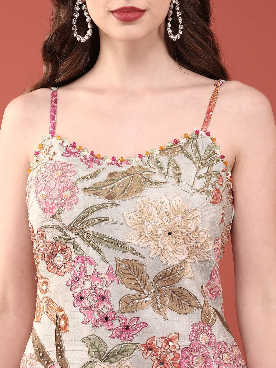 Neerus Grey crepe hand embroidered palazzo suit set - detail view 1