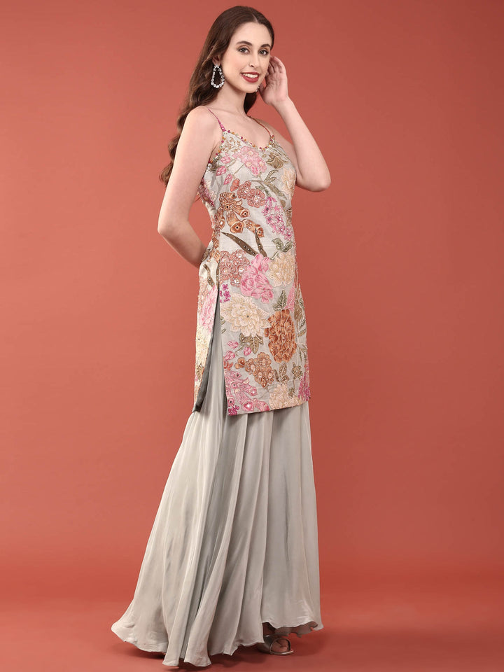 Neerus Grey crepe hand embroidered palazzo suit set - back view