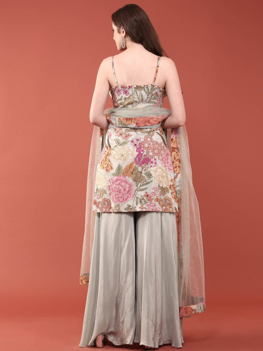 Neerus Grey crepe hand embroidered palazzo suit set - side view