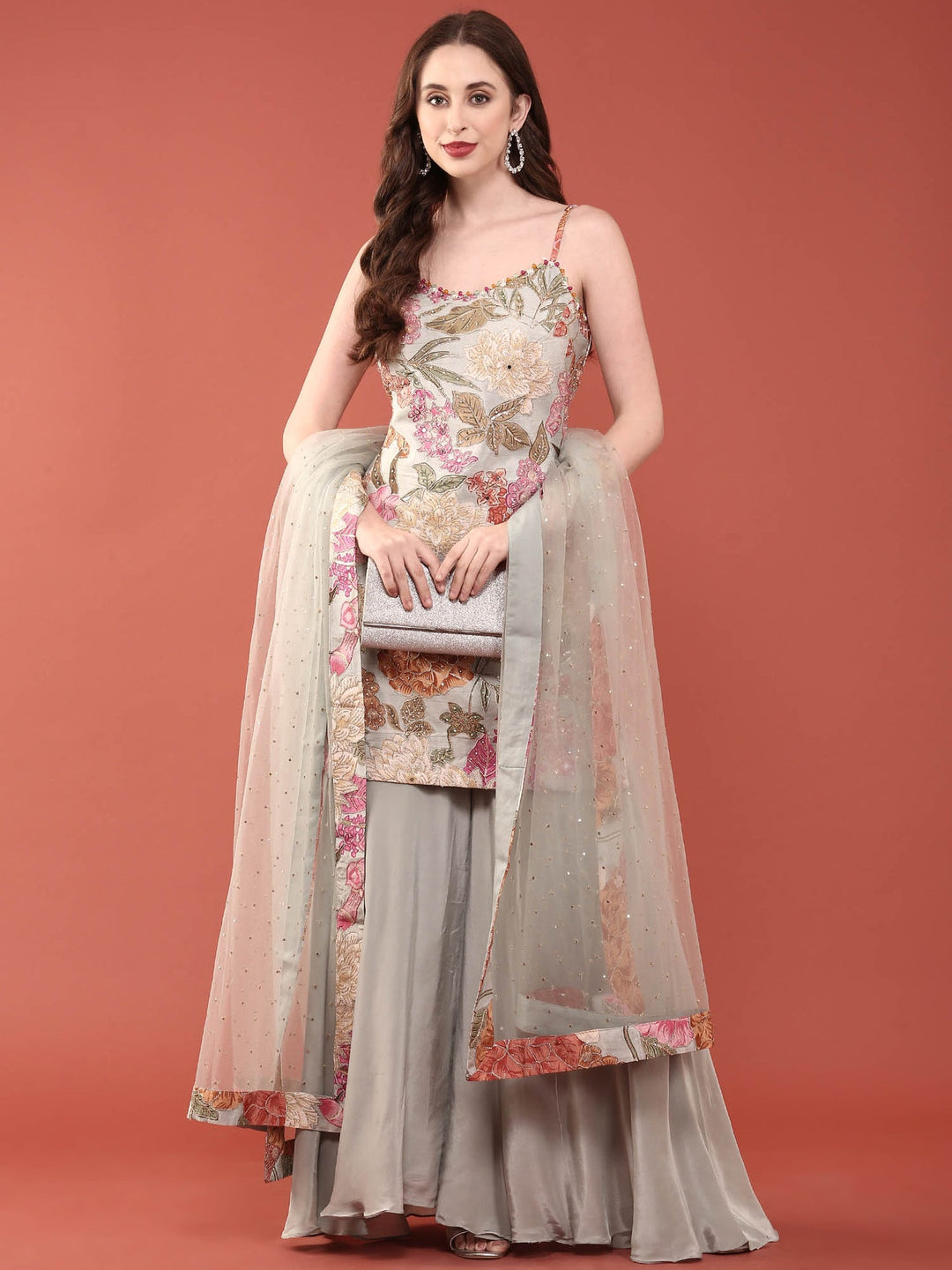 Neerus Grey crepe hand embroidered palazzo suit set - detail view 2