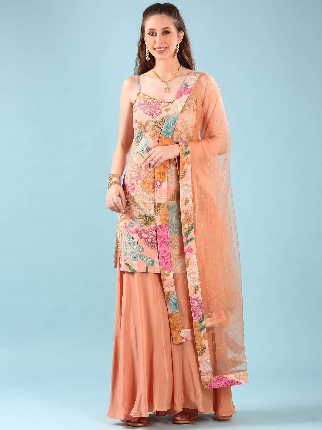 Neerus Orange crepe hand embroidered suit set - front view