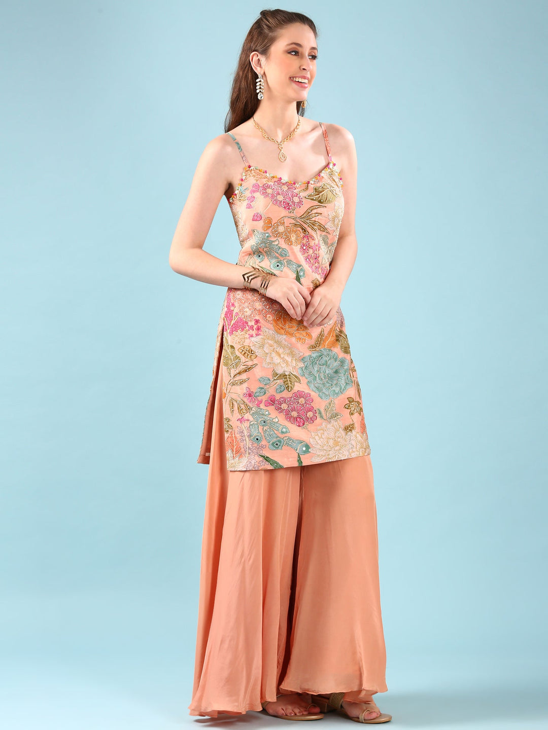 Neerus Orange crepe hand embroidered suit set - back view