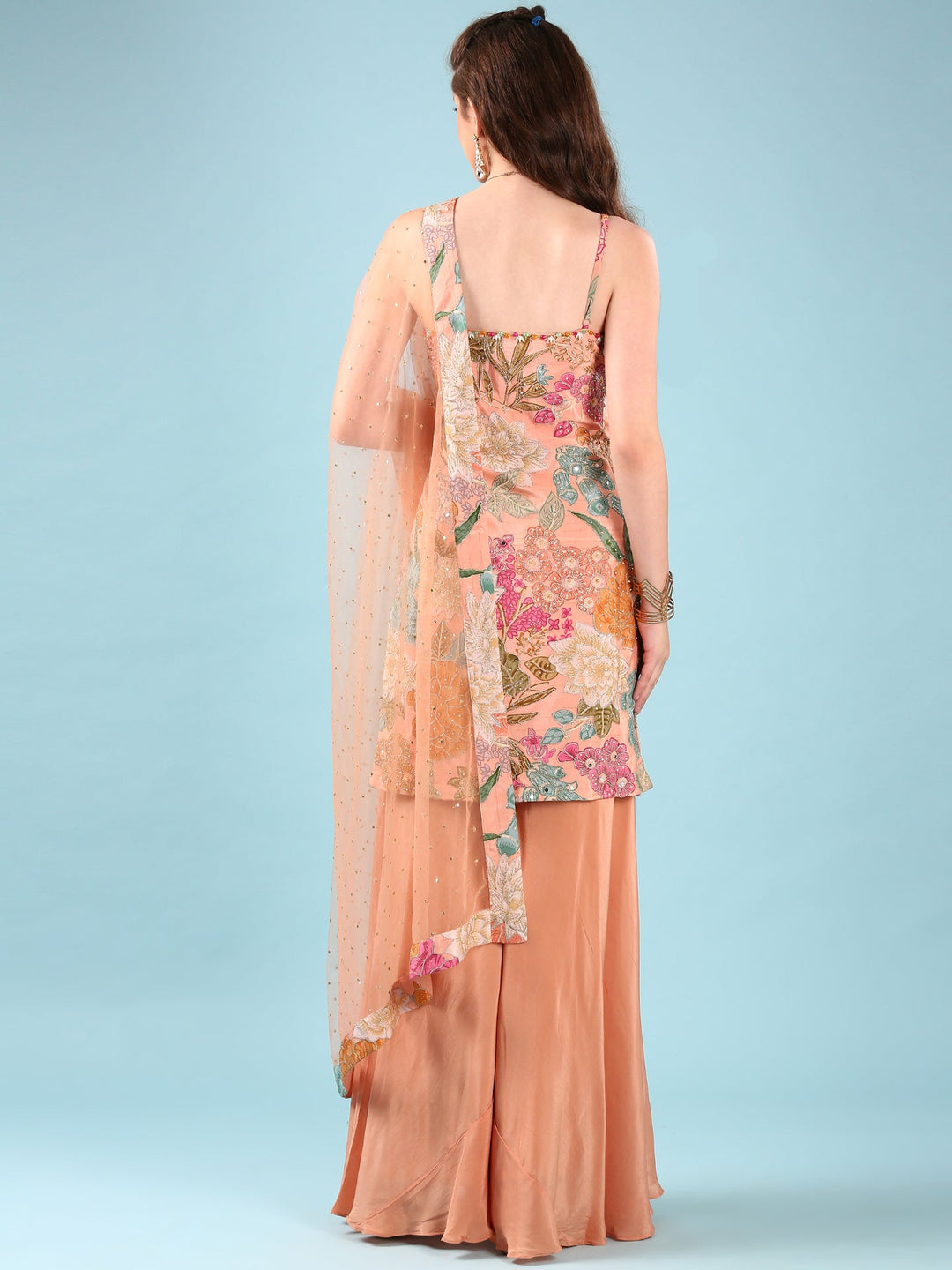 Neerus Orange crepe hand embroidered suit set - side view