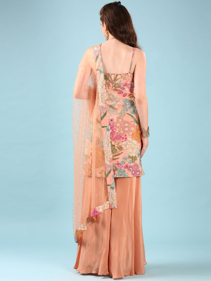 Neerus Orange crepe hand embroidered suit set - side view
