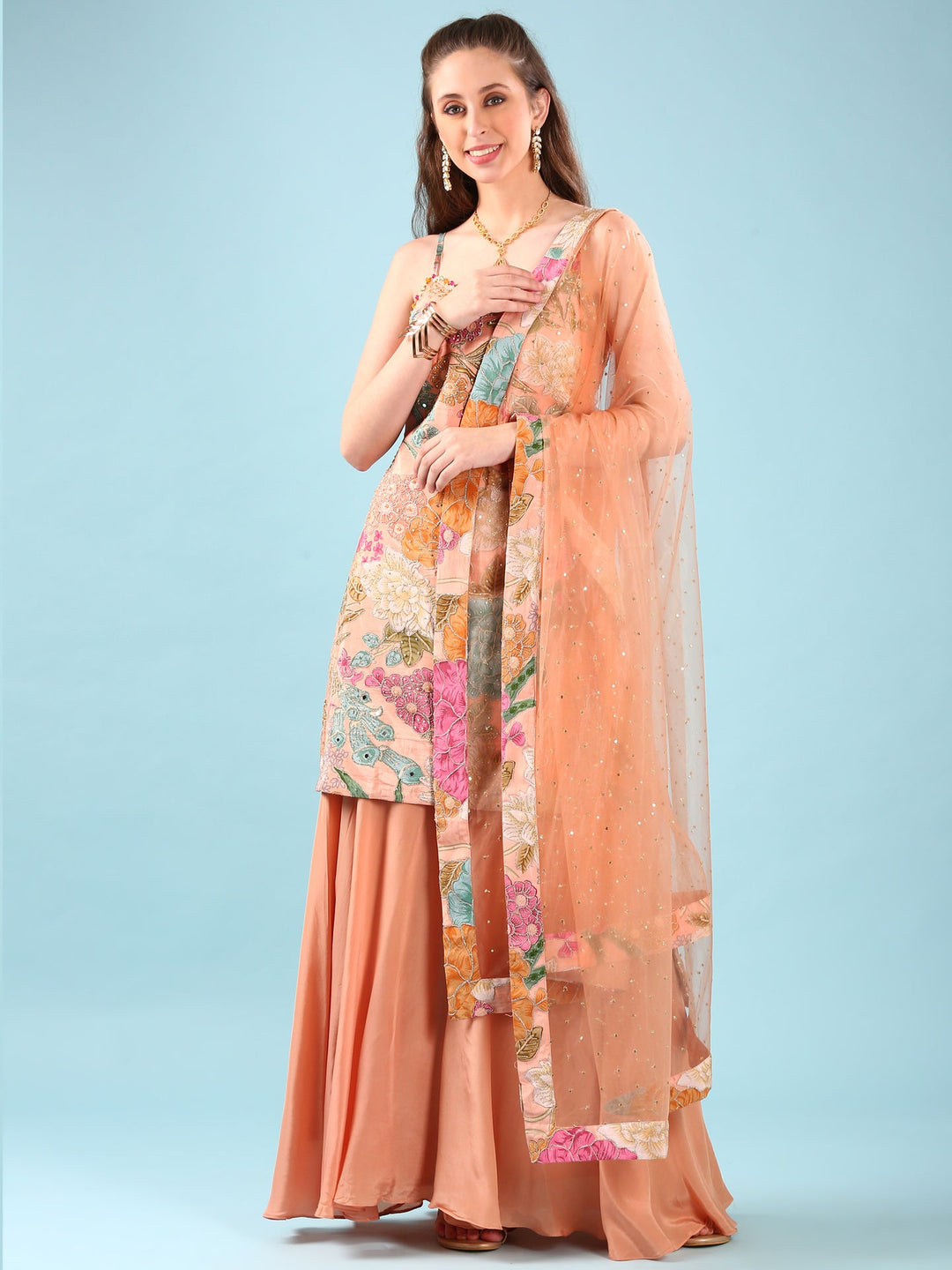 Neerus Orange crepe hand embroidered suit set - detail view 2