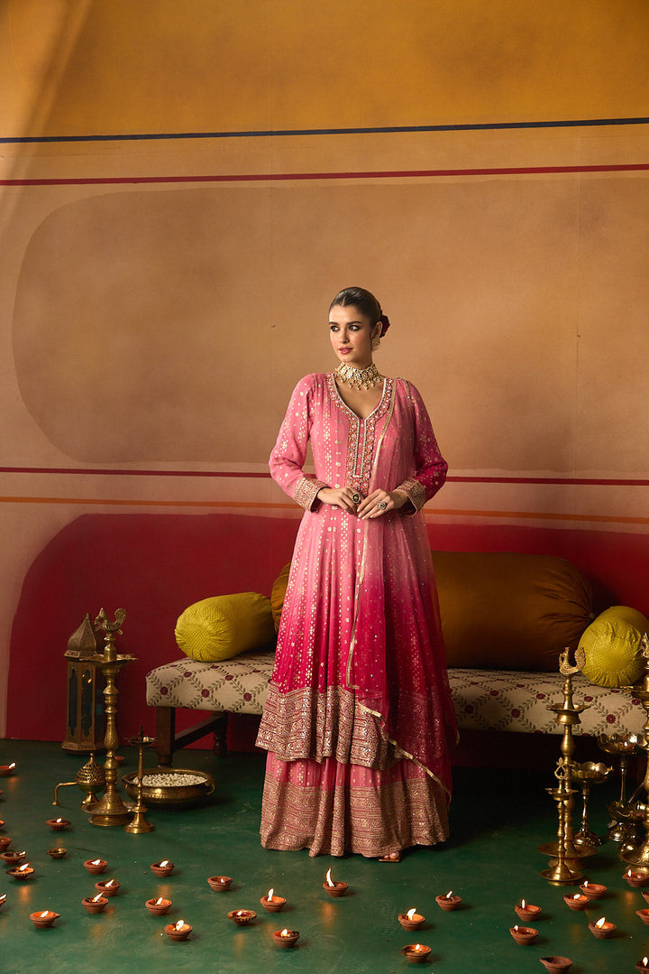 Neerus Pink Embroidery Work Chinon Fabric Anarkali and Trouser With Dupatta
